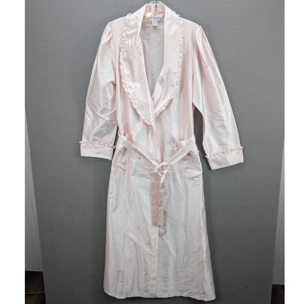 Vintage Miss Elaine Robe Womens Sz Medium Pink Satin Ruffle Wrap Long Nightgown